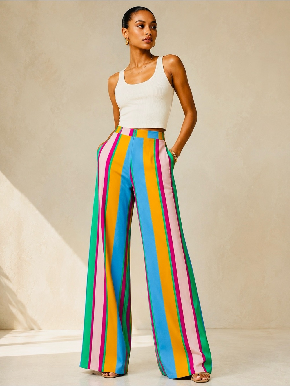 GOODTIME USA Vintage Multicolor Stripe High-Waisted Wide Leg Pants Size L